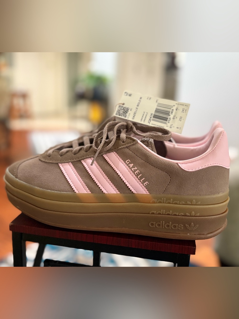 Adidas Bold Gazelle Platform Sneakers in Brown Suede with Pink Stripes